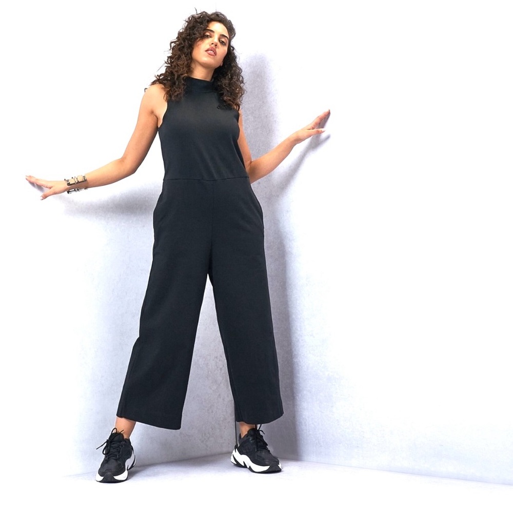 NIKE Wide Leg Jumpsuit Crop Black Jersey Mock Neck Pockets Back Zip Women’s M - Picture 2 of 15